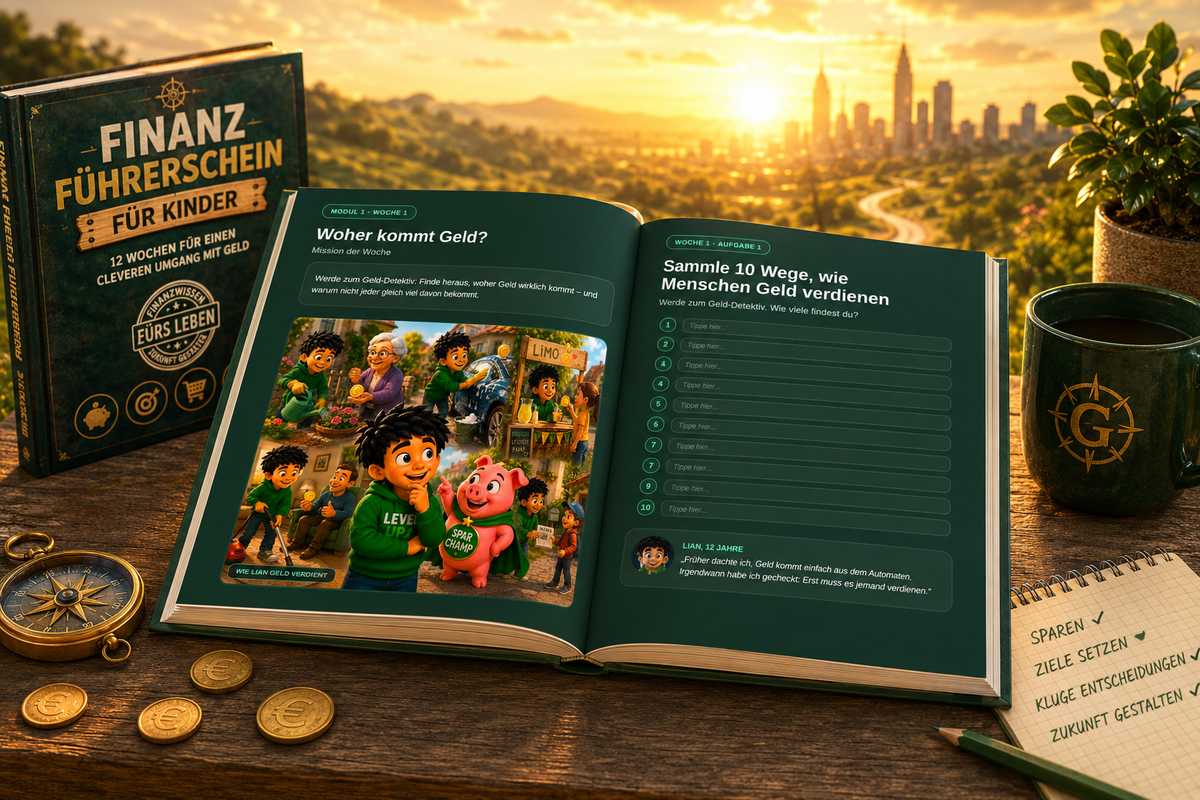 Finanzführerschein für Kinder | Softcover A4 | Geld verstehen und sparen lernen | Workbook mit Lian und SparChamp, 8–12 Jahre
