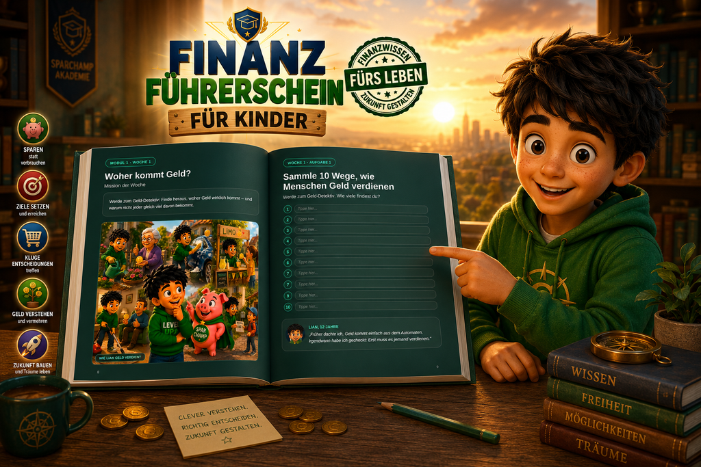Finanzführerschein für Kinder | Softcover A4 | Geld verstehen und sparen lernen | Workbook mit Lian und SparChamp, 8–12 Jahre