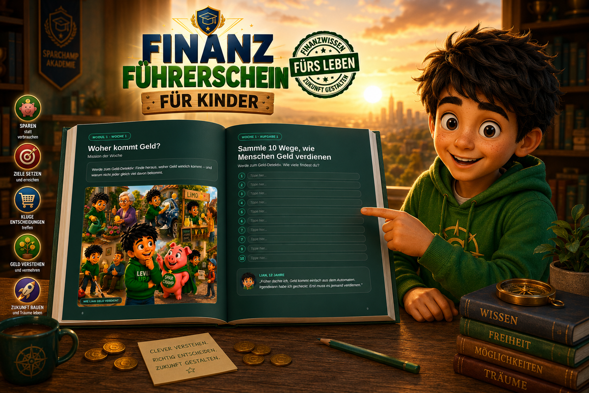 Finanzführerschein für Kinder | Softcover A4 | Geld verstehen und sparen lernen | Workbook mit Lian und SparChamp, 8–12 Jahre